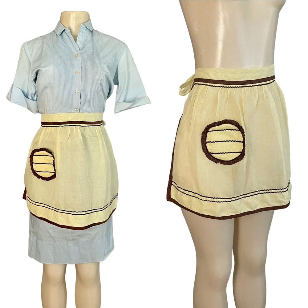 Vintage half apron Midcentury kitchen apron with zig zag pattern in yellow & bro